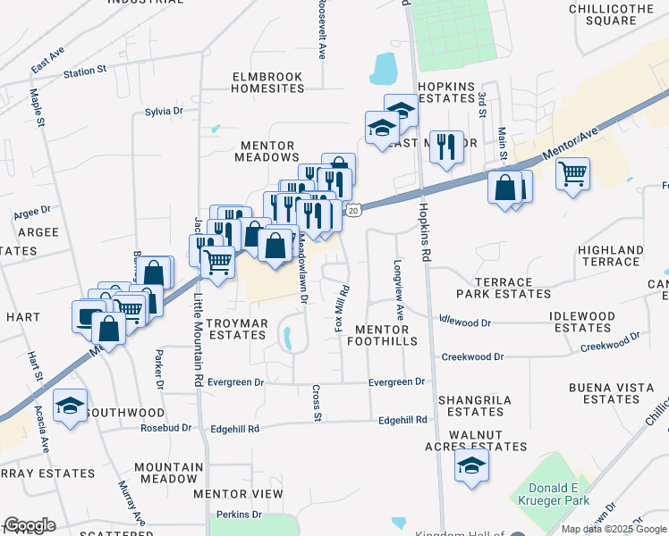 map of restaurants, bars, coffee shops, grocery stores, and more near 8907 Trotter Lane in Mentor
