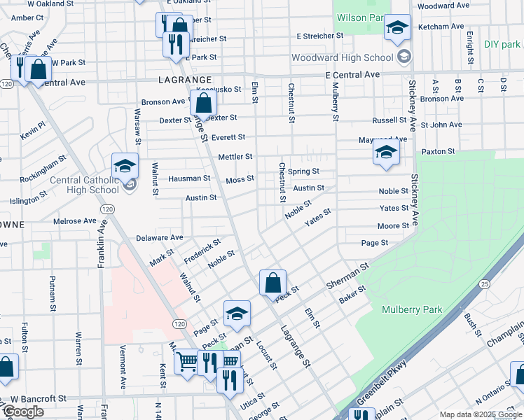 map of restaurants, bars, coffee shops, grocery stores, and more near 339 Palmer Street in Toledo