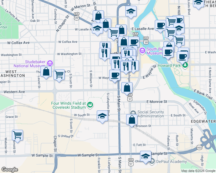 map of restaurants, bars, coffee shops, grocery stores, and more near in South Bend