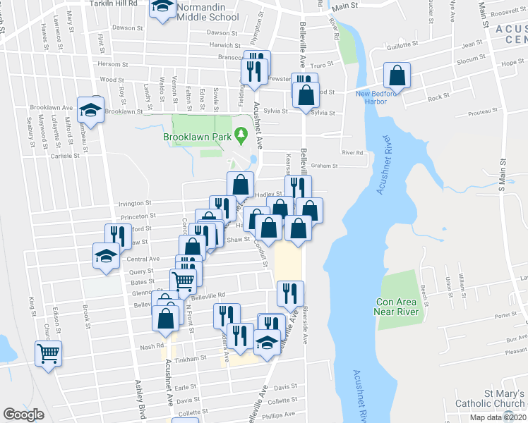 map of restaurants, bars, coffee shops, grocery stores, and more near 66 Covell Street in New Bedford