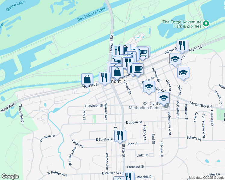 map of restaurants, bars, coffee shops, grocery stores, and more near 114 East Illinois Street in Lemont