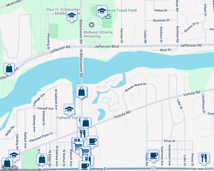 map of restaurants, bars, coffee shops, grocery stores, and more near 600 Vistula Terrace East in Mishawaka