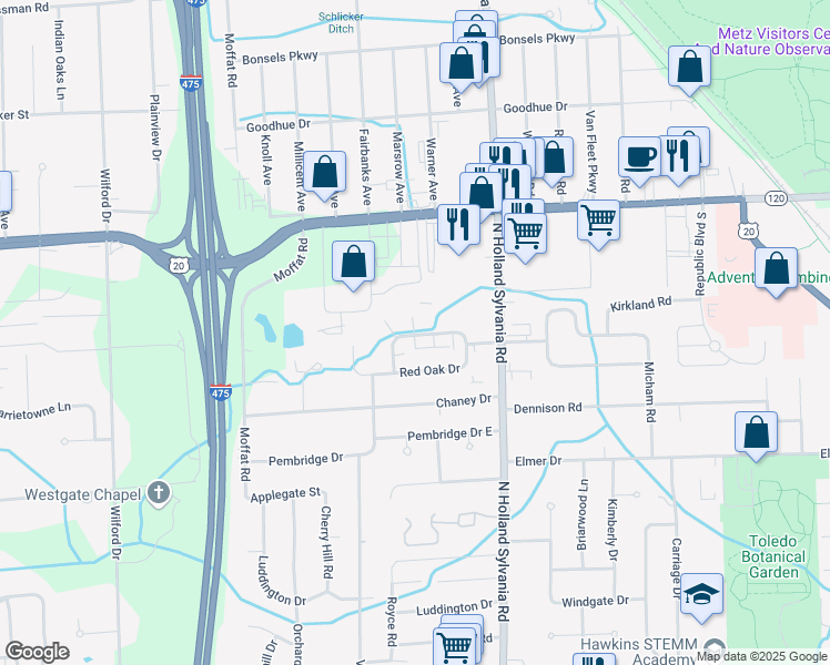 map of restaurants, bars, coffee shops, grocery stores, and more near 6018 Black Oak Drive in Toledo