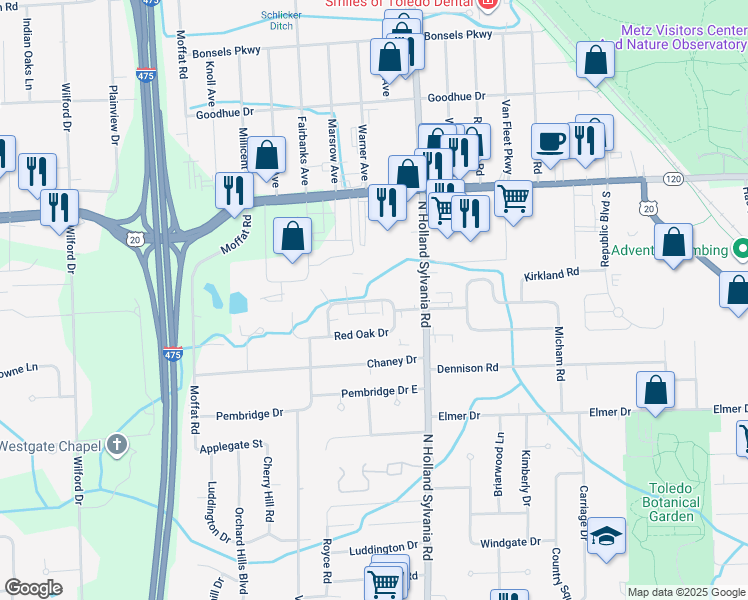 map of restaurants, bars, coffee shops, grocery stores, and more near 5966 Black Oak Drive in Toledo