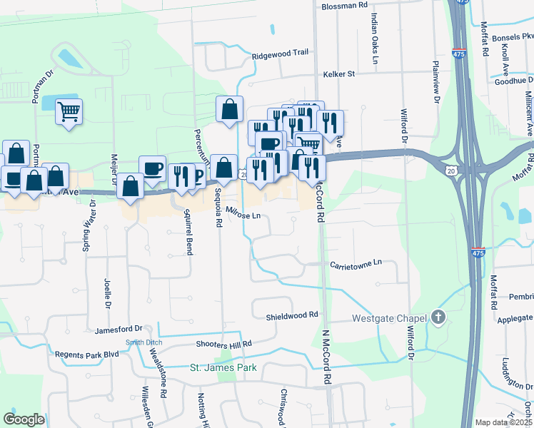 map of restaurants, bars, coffee shops, grocery stores, and more near 6824 Milrose Lane in Toledo