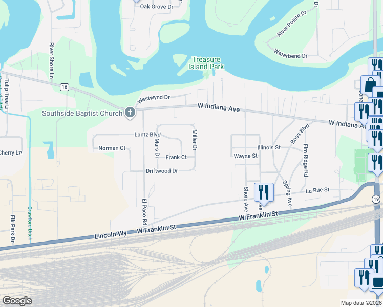 map of restaurants, bars, coffee shops, grocery stores, and more near 56543-56557 Miller Drive in Elkhart
