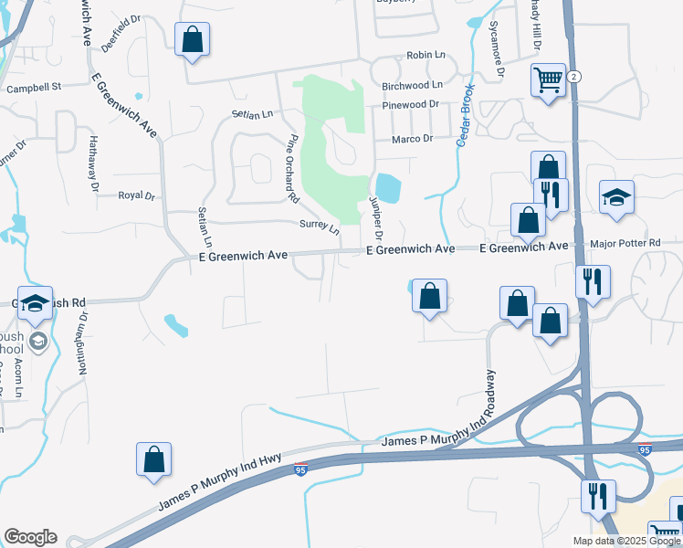 map of restaurants, bars, coffee shops, grocery stores, and more near 459 E Greenwich Ave in West Warwick