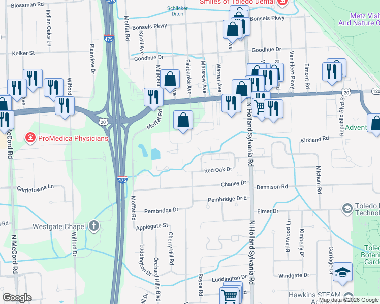 map of restaurants, bars, coffee shops, grocery stores, and more near 6105 Fantasy Drive in Toledo