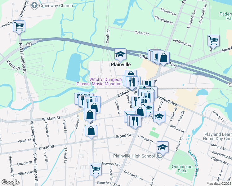 map of restaurants, bars, coffee shops, grocery stores, and more near 77 East Main Street in Plainville