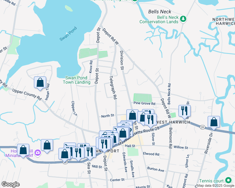 map of restaurants, bars, coffee shops, grocery stores, and more near 112b Telegraph Road in Dennis