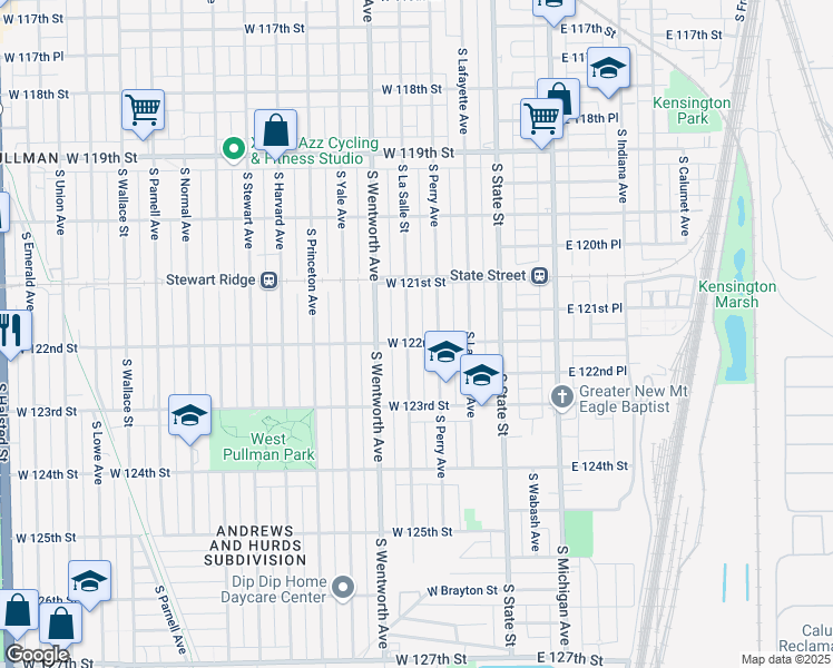 map of restaurants, bars, coffee shops, grocery stores, and more near 12140 South Perry Avenue in Chicago