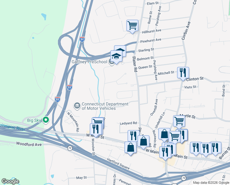 map of restaurants, bars, coffee shops, grocery stores, and more near 81 Torkom Drive in New Britain
