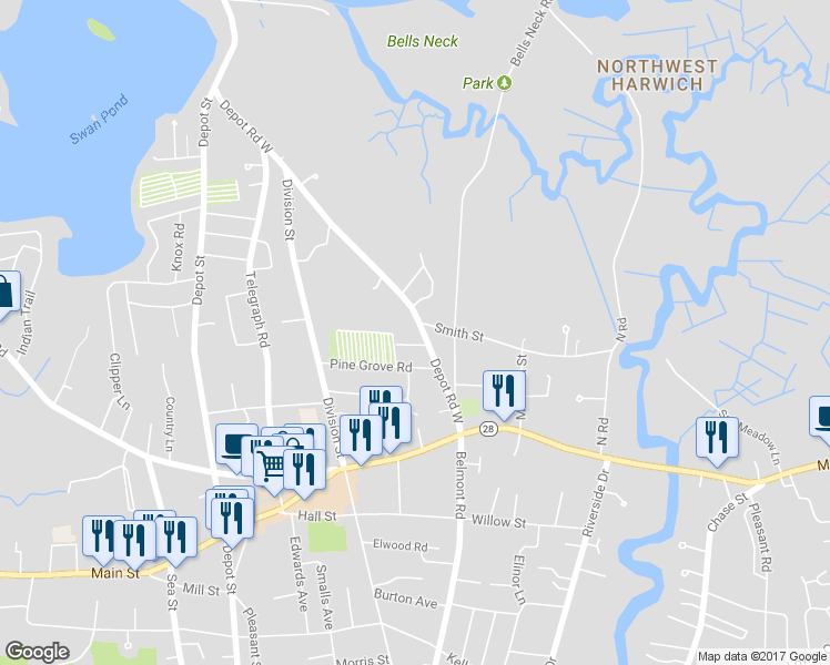 map of restaurants, bars, coffee shops, grocery stores, and more near 50 Depot Road West in Harwich