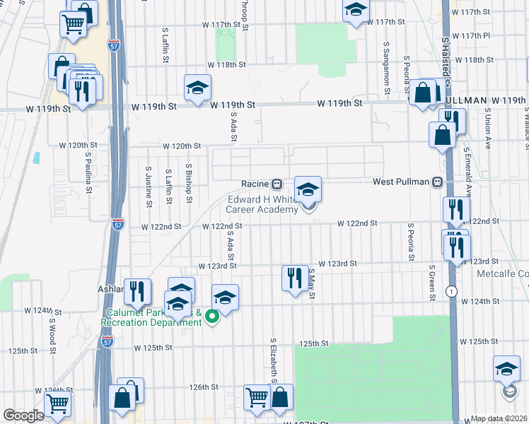 map of restaurants, bars, coffee shops, grocery stores, and more near 12138 South Elizabeth Street in Chicago