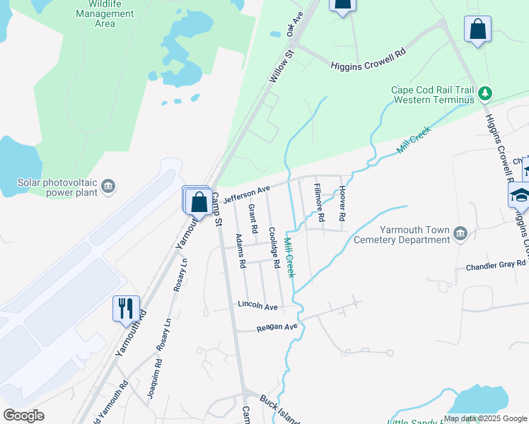 map of restaurants, bars, coffee shops, grocery stores, and more near 10 Grant Road in Yarmouth