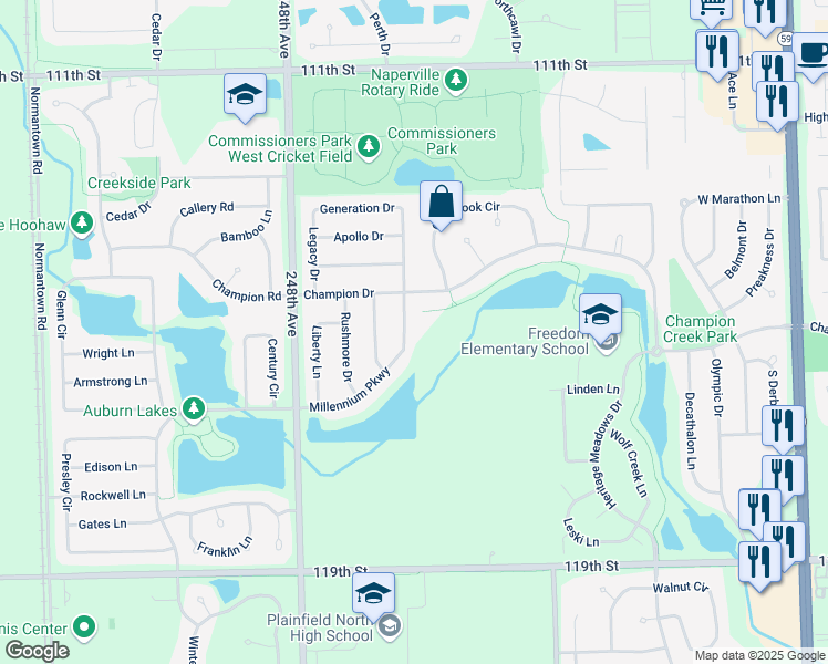 map of restaurants, bars, coffee shops, grocery stores, and more near 11641 Millennium Parkway in Plainfield