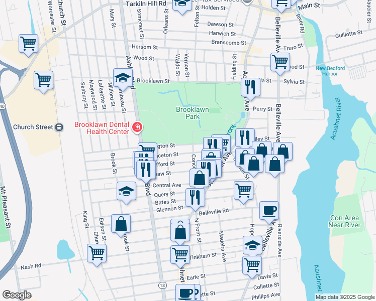 map of restaurants, bars, coffee shops, grocery stores, and more near 109 Princeton Street in New Bedford