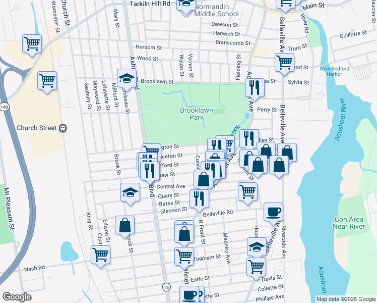 map of restaurants, bars, coffee shops, grocery stores, and more near 109 Princeton Street in New Bedford