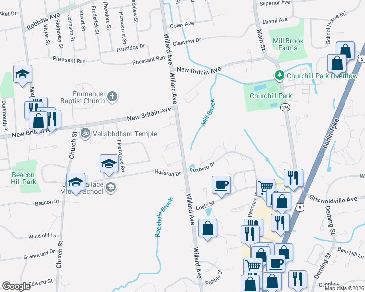 map of restaurants, bars, coffee shops, grocery stores, and more near 1435 Willard Avenue in Newington