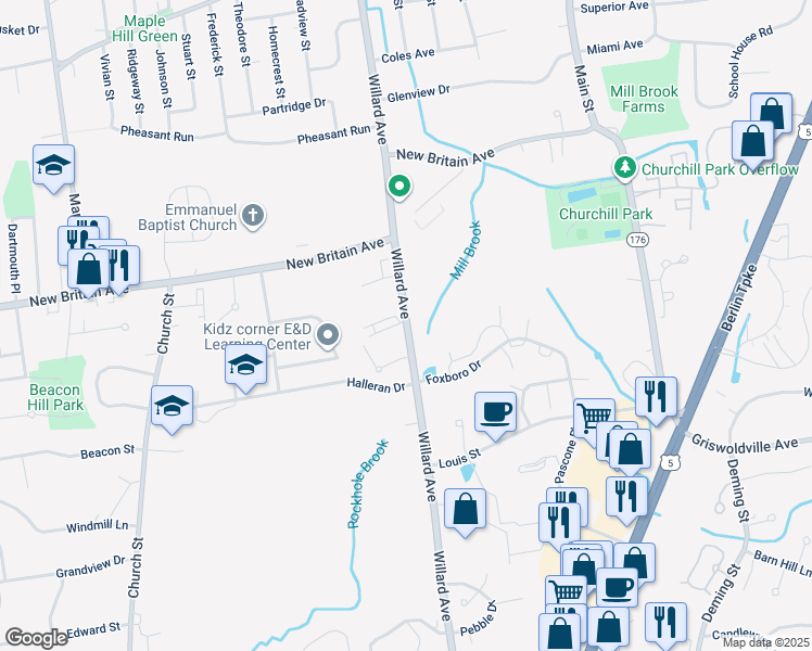 map of restaurants, bars, coffee shops, grocery stores, and more near 1435 Willard Avenue in Newington