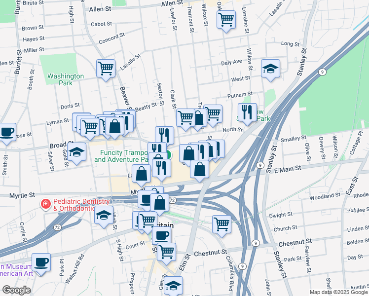 map of restaurants, bars, coffee shops, grocery stores, and more near 26 Union Street in New Britain