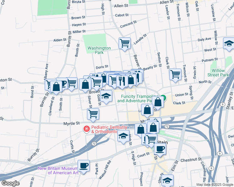 map of restaurants, bars, coffee shops, grocery stores, and more near 106 Broad Street in New Britain
