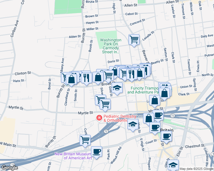 map of restaurants, bars, coffee shops, grocery stores, and more near 185 Broad Street in New Britain