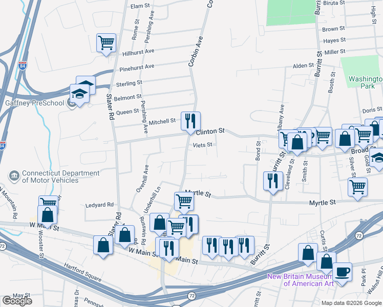 map of restaurants, bars, coffee shops, grocery stores, and more near 15 Viets Street in New Britain