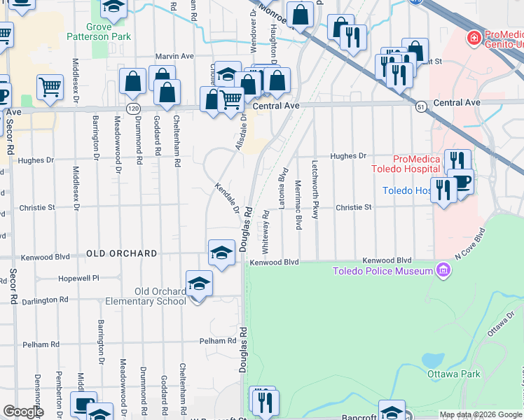 map of restaurants, bars, coffee shops, grocery stores, and more near 2650 Christie Street in Toledo