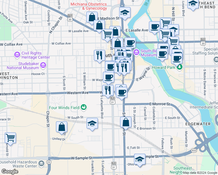 map of restaurants, bars, coffee shops, grocery stores, and more near 322 South Lafayette Boulevard in South Bend