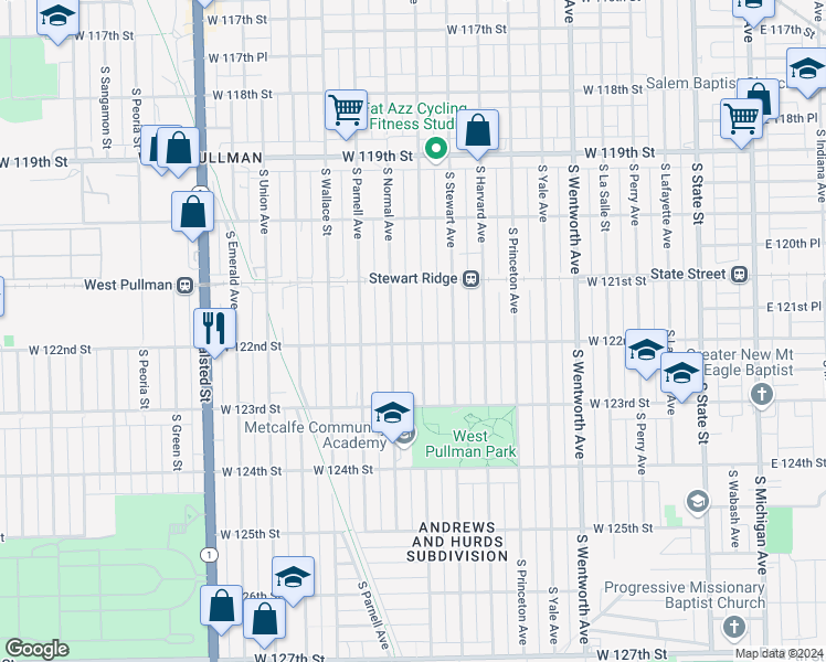 map of restaurants, bars, coffee shops, grocery stores, and more near 12143 South Eggleston Avenue in Chicago