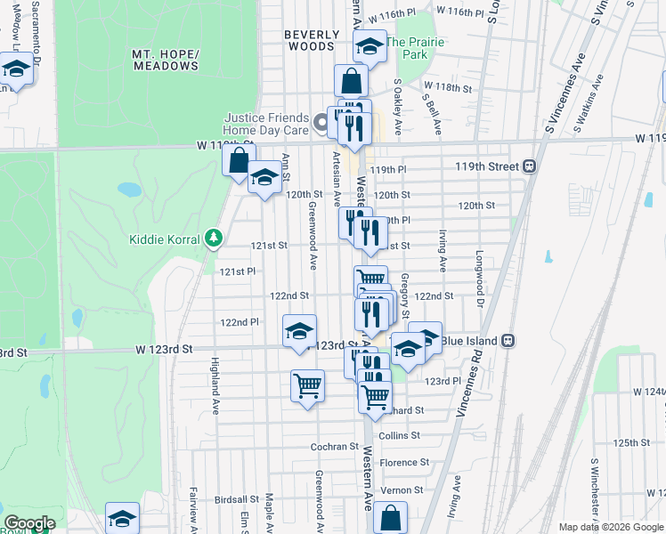 map of restaurants, bars, coffee shops, grocery stores, and more near 12123 Greenwood Avenue in Blue Island