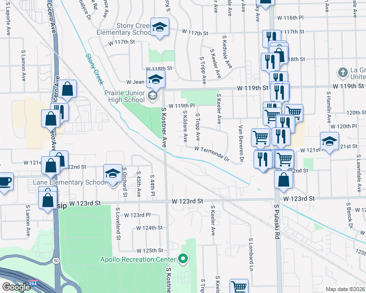 map of restaurants, bars, coffee shops, grocery stores, and more near 12039 South Kildare Avenue in Alsip