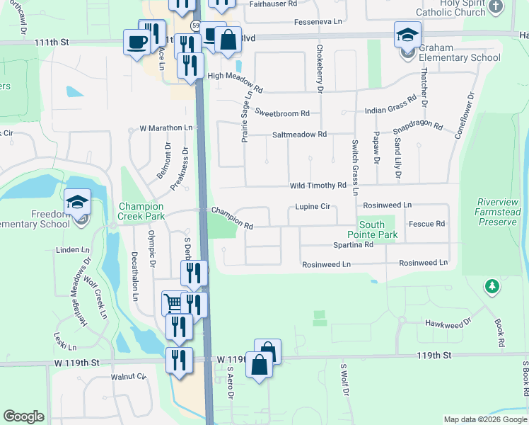 map of restaurants, bars, coffee shops, grocery stores, and more near 2811 Lobelia Circle in Naperville