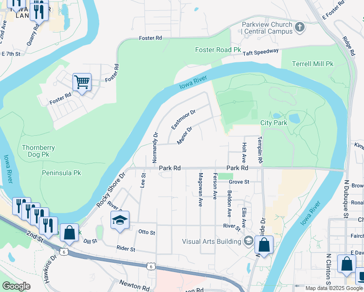 map of restaurants, bars, coffee shops, grocery stores, and more near 605 Manor Drive in Iowa City