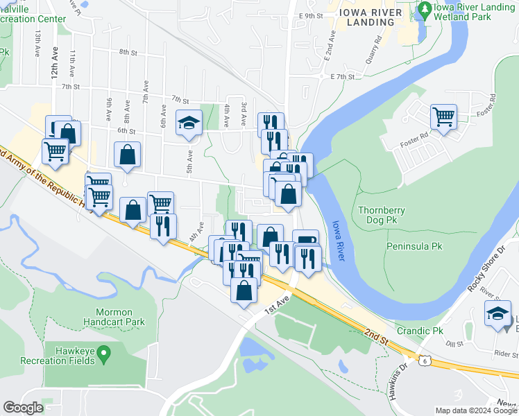 map of restaurants, bars, coffee shops, grocery stores, and more near 406 2nd Avenue in Coralville