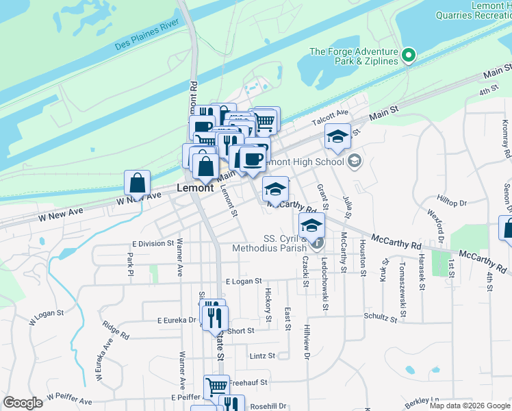 map of restaurants, bars, coffee shops, grocery stores, and more near 405 Stephen Street in Lemont