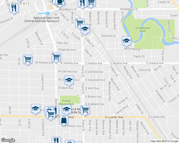 map of restaurants, bars, coffee shops, grocery stores, and more near 200 East Garfield Avenue in Elkhart