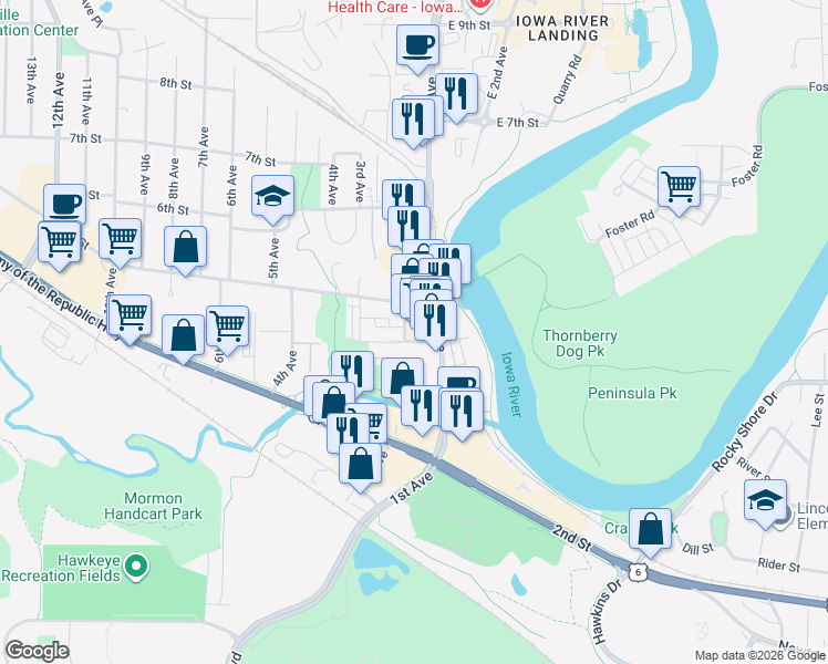 map of restaurants, bars, coffee shops, grocery stores, and more near 400 1st Avenue in Coralville