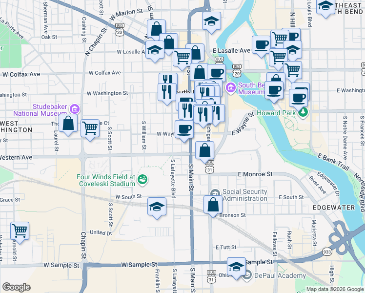 map of restaurants, bars, coffee shops, grocery stores, and more near 322 South Lafayette Boulevard in South Bend