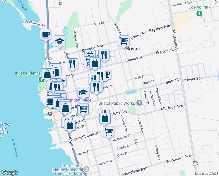 map of restaurants, bars, coffee shops, grocery stores, and more near 30 Rock Street in Bristol