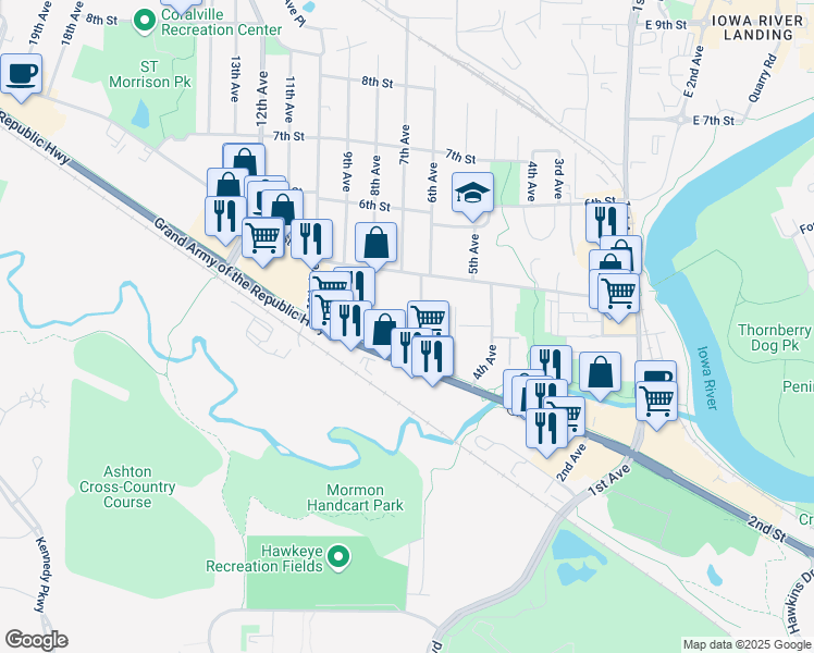 map of restaurants, bars, coffee shops, grocery stores, and more near 404 6th Avenue in Coralville