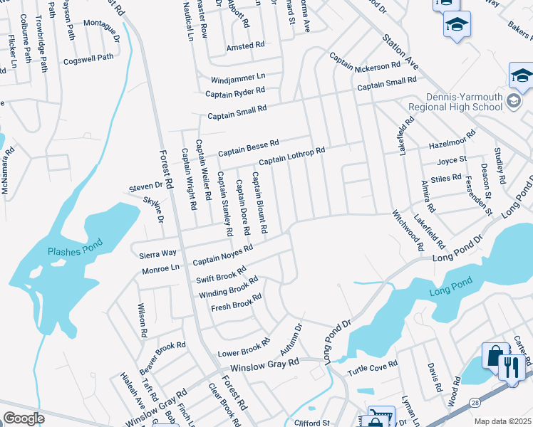 map of restaurants, bars, coffee shops, grocery stores, and more near 42 Captain Blount Road in Yarmouth