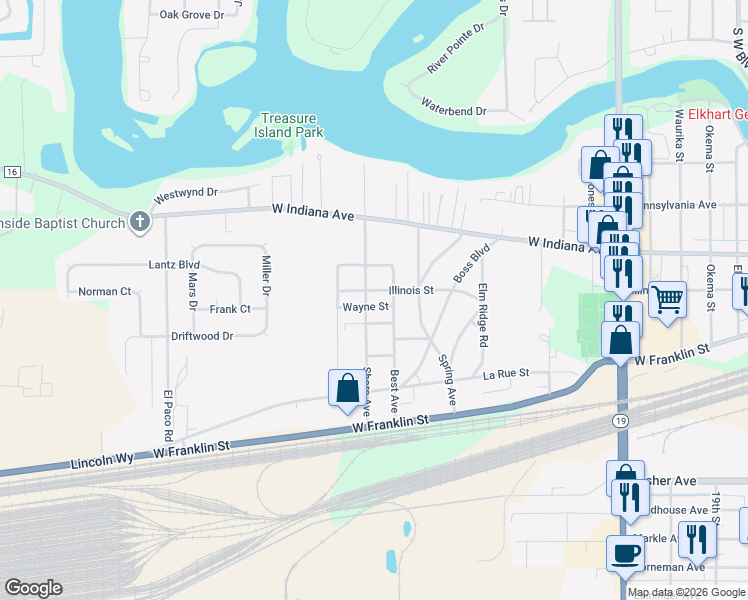 map of restaurants, bars, coffee shops, grocery stores, and more near 56561 Shore Avenue in Elkhart