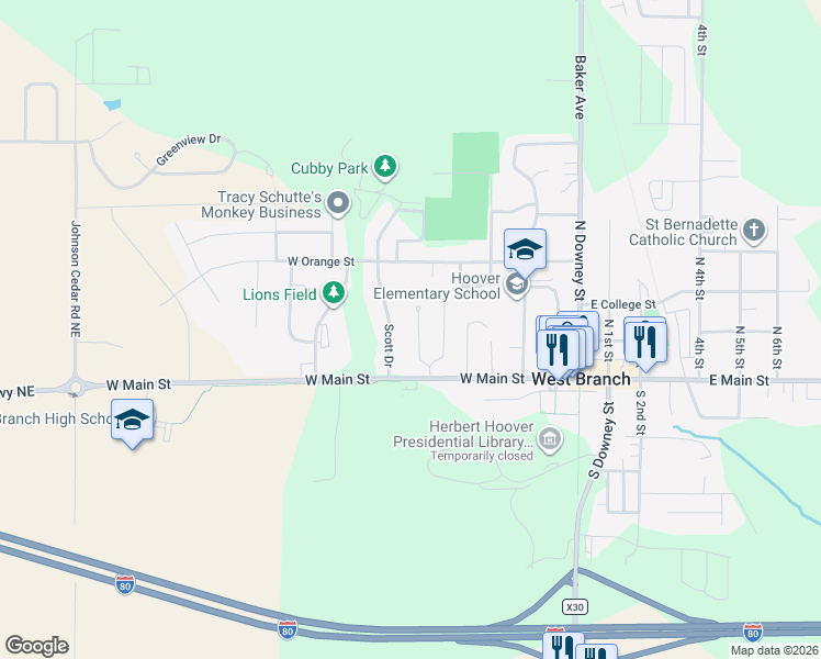 map of restaurants, bars, coffee shops, grocery stores, and more near 118 Sagert Street in West Branch