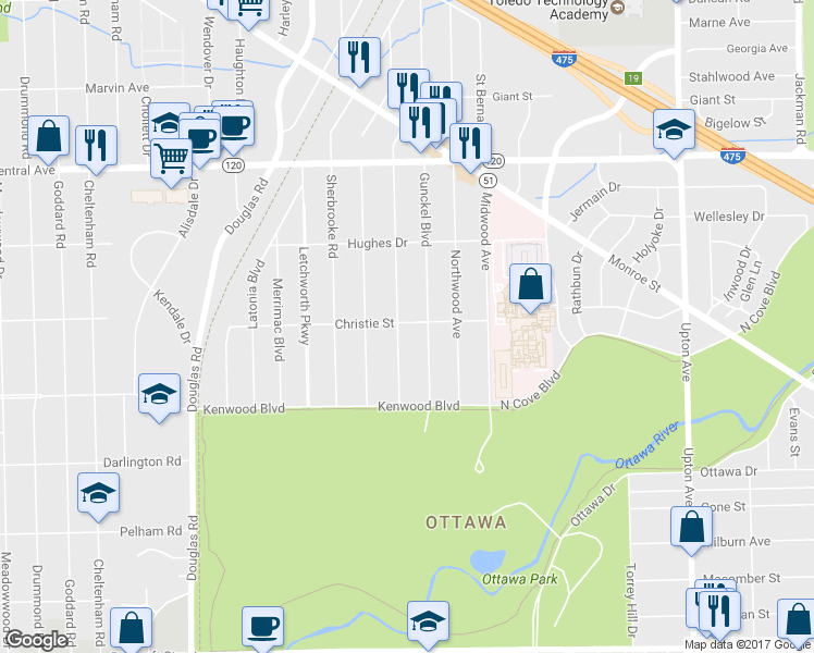 map of restaurants, bars, coffee shops, grocery stores, and more near 2682 Algonquin Parkway in Toledo