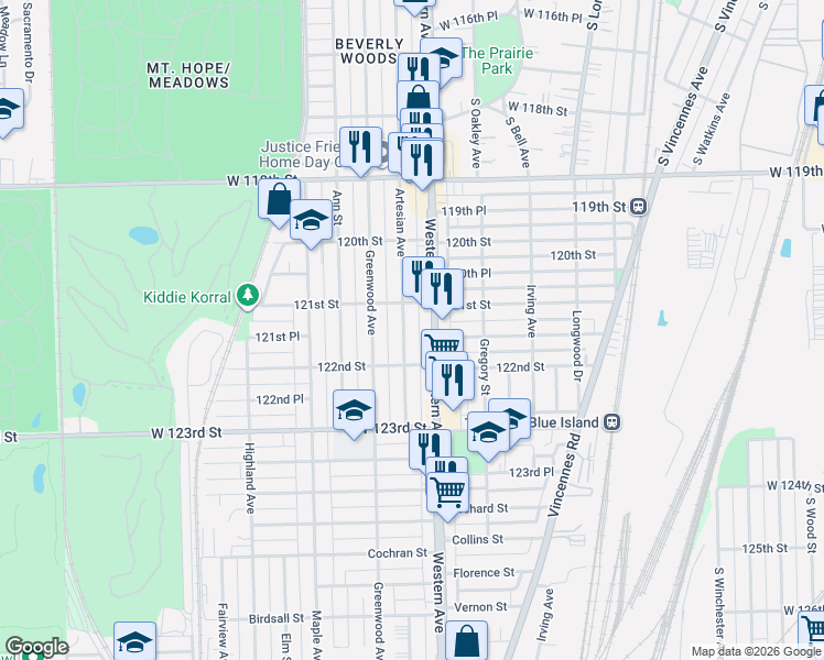 map of restaurants, bars, coffee shops, grocery stores, and more near 12120 South Western Avenue in Blue Island