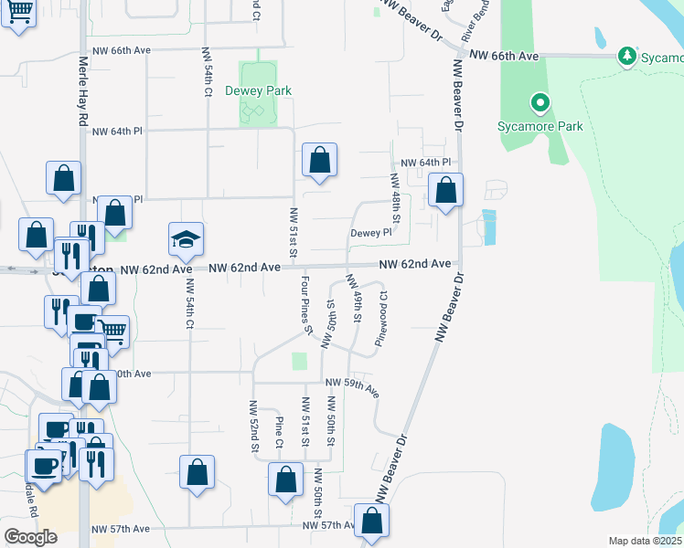 map of restaurants, bars, coffee shops, grocery stores, and more near 6144 Northwest 49th Street in Johnston