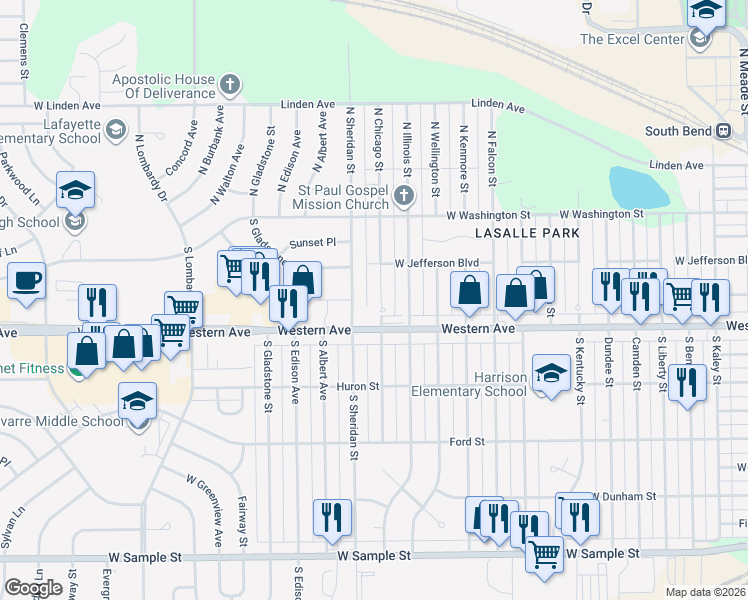 map of restaurants, bars, coffee shops, grocery stores, and more near 309 South Chicago Street in South Bend