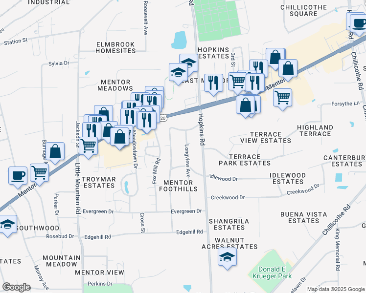 map of restaurants, bars, coffee shops, grocery stores, and more near 7262 Longview Avenue in Mentor